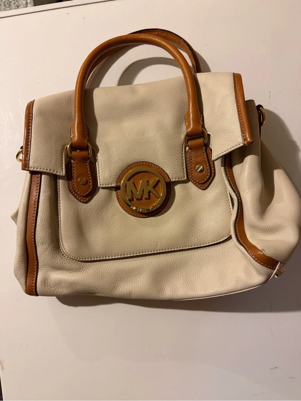 Michael Kors Cream Leather Satchel with Tan Trim